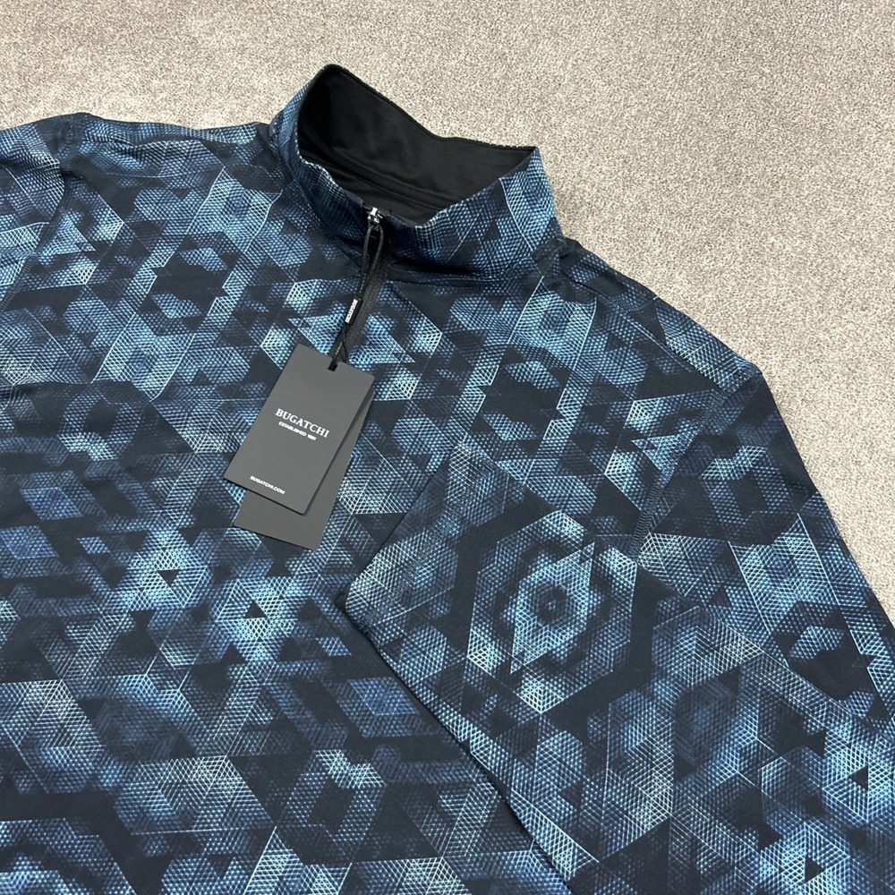 BUGATCHI 1/4 Zip Mens Medium OoohCotton Tech 8 Way Stretch Blue Abstract Golf